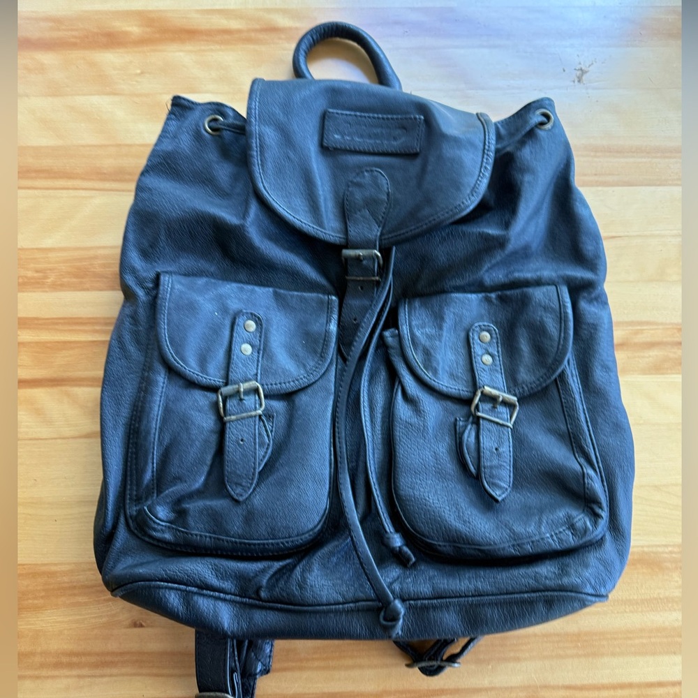 90s Black Leather Drawstring Backpack
